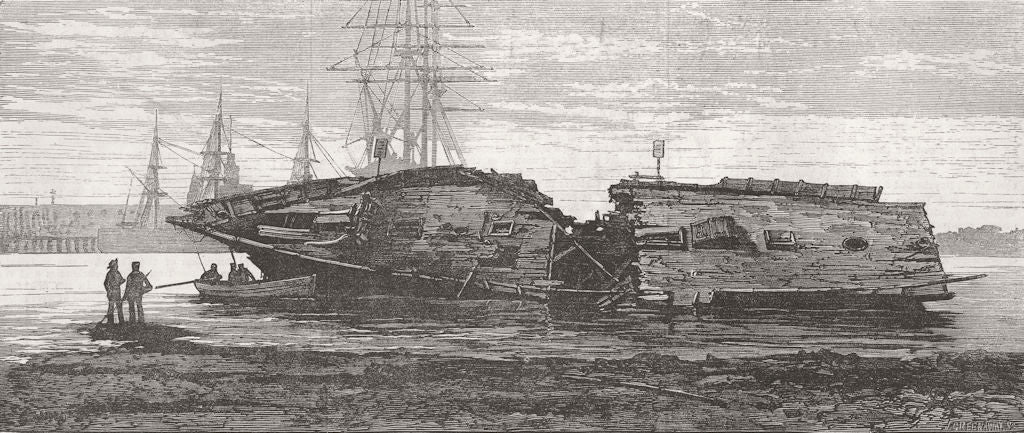 PORTSMOUTH. Wreck of yacht Mistletoe, lying, Harbour 1875 old antique print